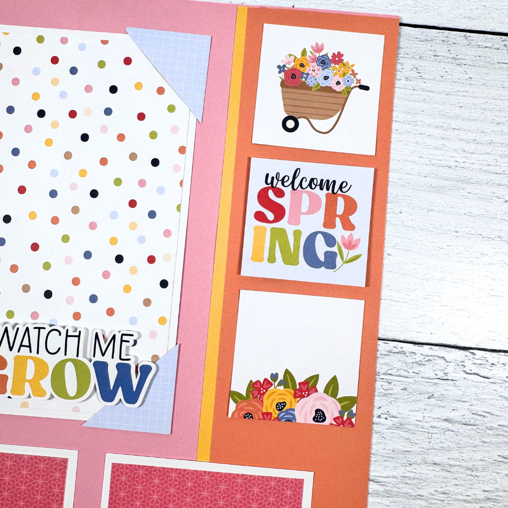 12x12 Sunny Days Scrapbook Page Layout with pretty spring colors, flowers, and polka dots