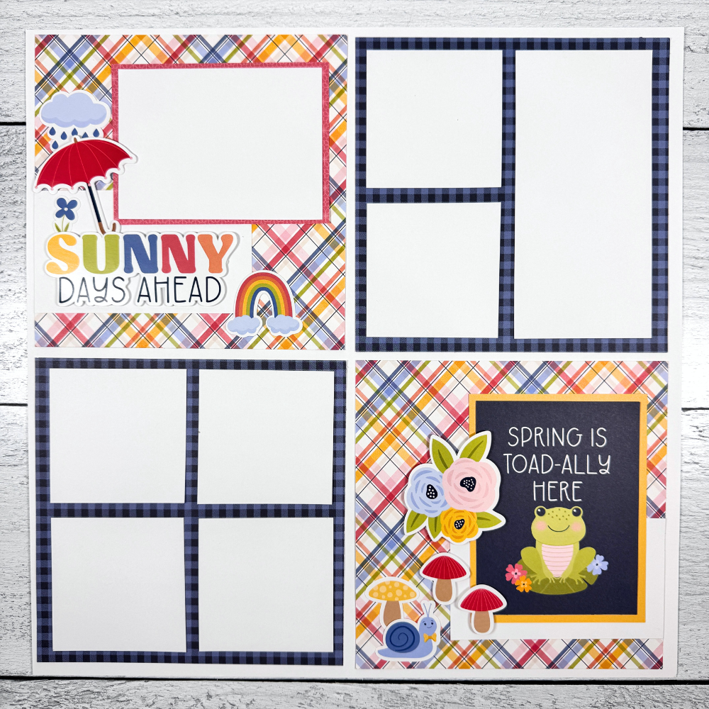 12x12 Sunny Days Scrapbook Page Layout with an umbrella, a rainbow, flowers, and a cute frog
