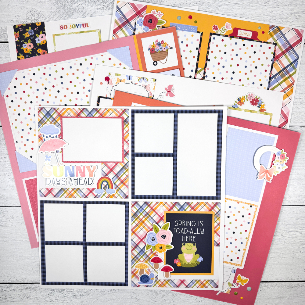 12x12 Sunny Days Scrapbook Page Layouts with butterflies, flowers, a pretty plaid, and polka dots