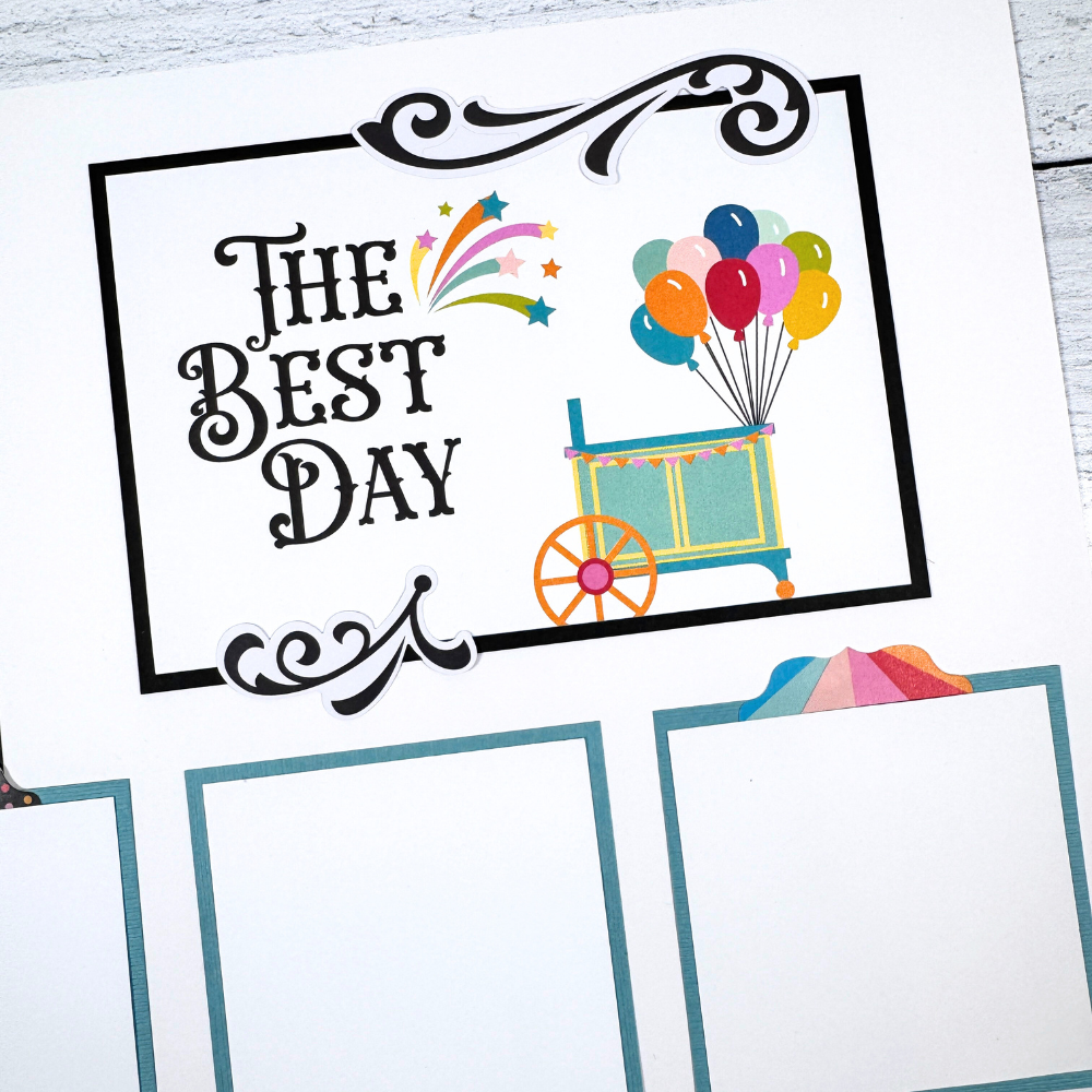12x12 Fun Times Scrapbook Page Layout with a balloon cart and photo mats