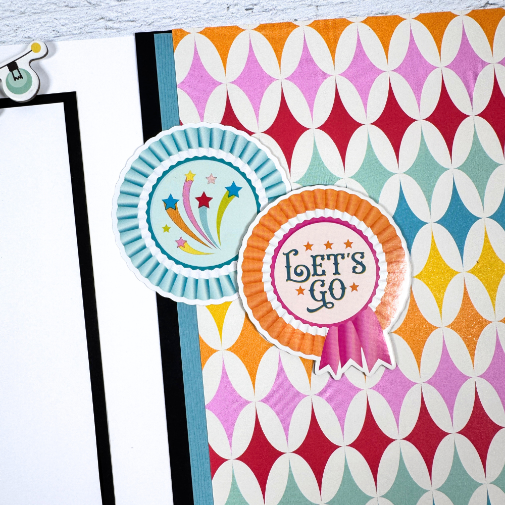 12x12 Fun Times Scrapbook Page Layout with stars, bright colors, and rosettes