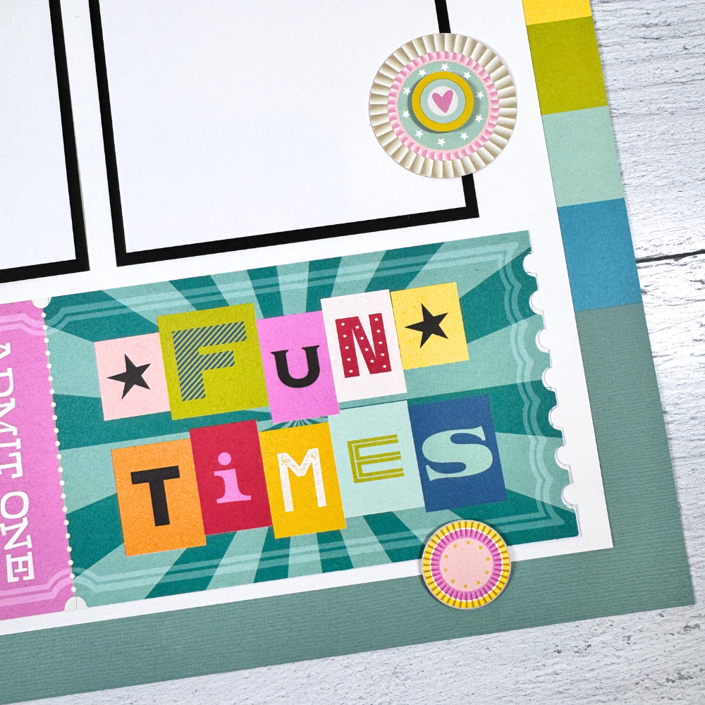 12x12 Fun Times Scrapbook Page Layout with great colors, tickets, and rosettes