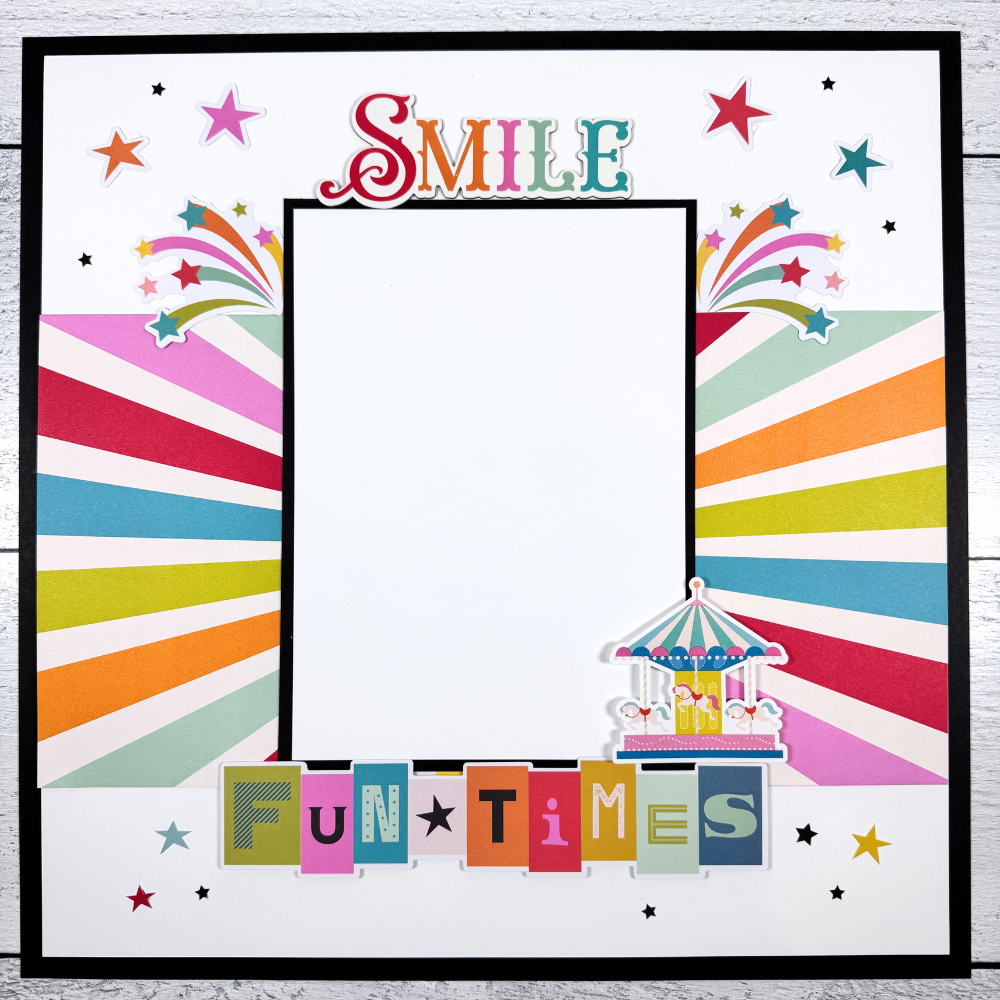12x12 Fun Times Scrapbook Page Layout with stars, bright colors, fireworks, and a carnival ride