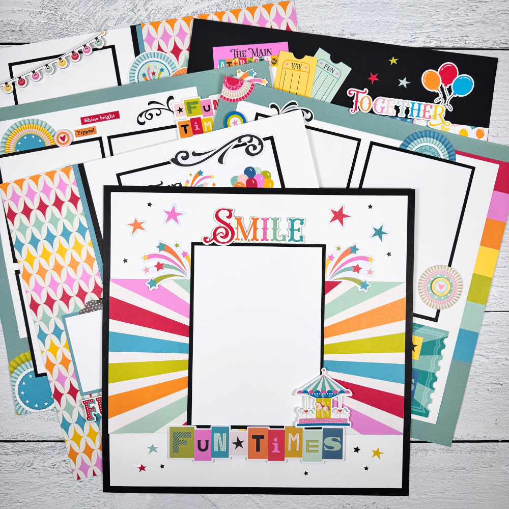 12x12 Fun Times Scrapbook Page Layouts with stars, bright colors, fireworks, and balloons