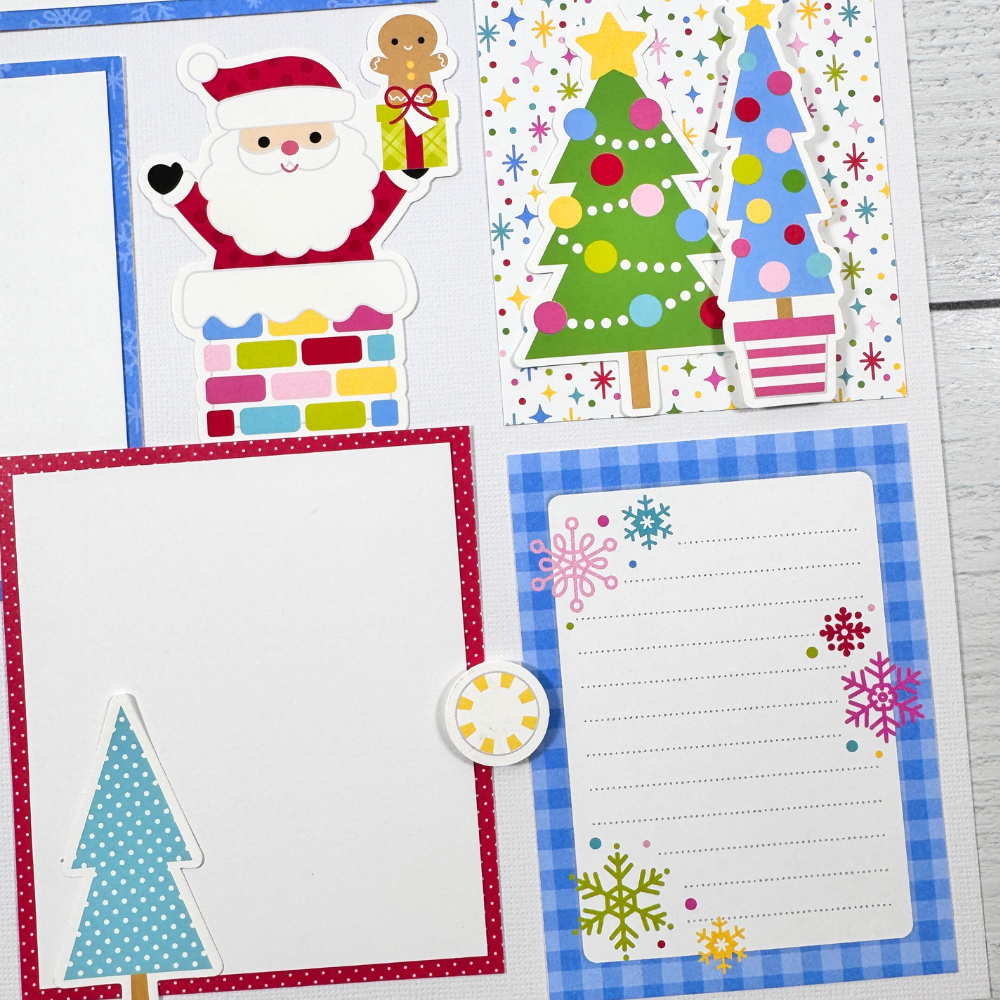 12x12 Oh What Fun Christmas Scrapbook Layout with Santa, trees, snowflakes, and a cute journaling spot
