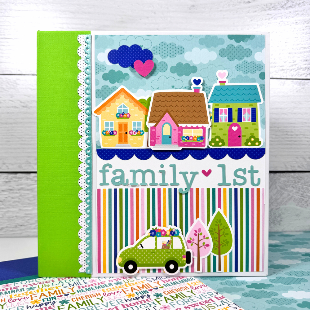 Family First Scrapbook Mini Album with fun colors, cute houses, stripes, scallops, and a polka dot car