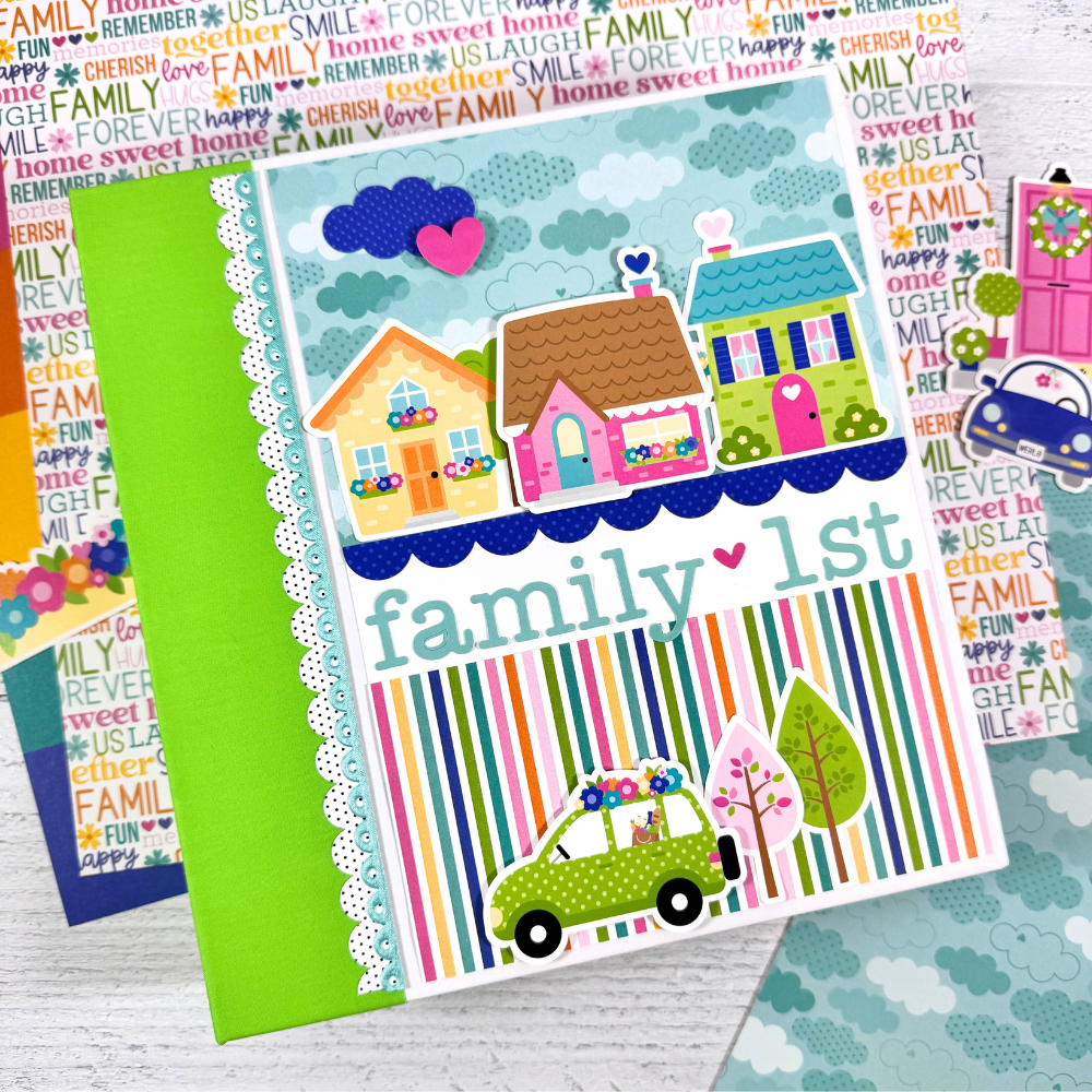 Family First Scrapbook Mini Album with fun colors, cute houses, stripes, and a polka dot car