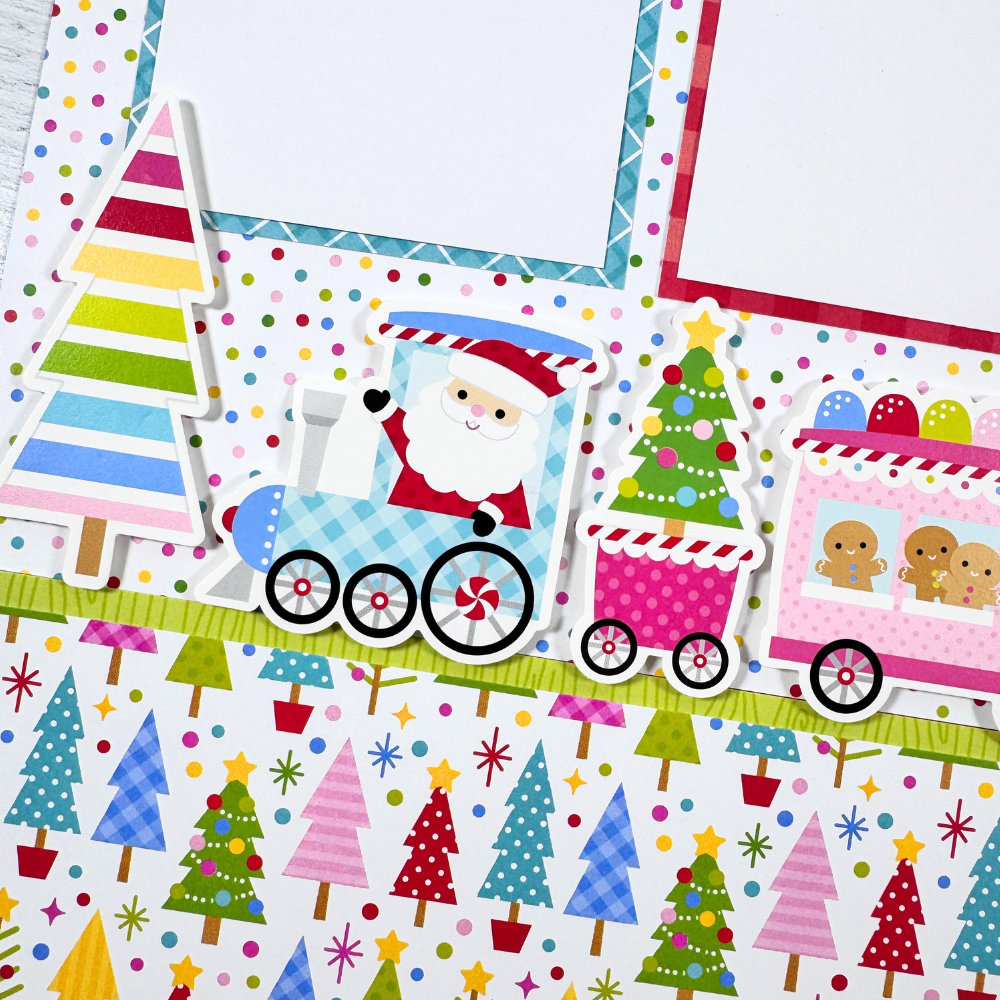 12x12 Oh What Fun Christmas Scrapbook Layout with Santa driving a train, candy, gingerbread, colorful trees, and polka dots