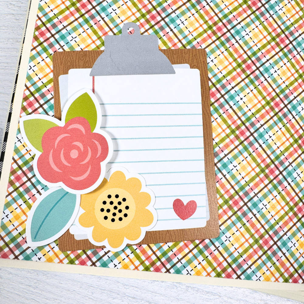 Thanksgiving Fall Scrapbook Album Page with a clipboard journal card, pretty flowers, and a colorful plaid paper