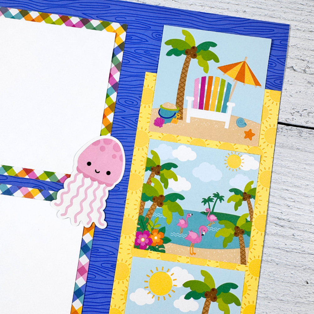 12x12 Living the Dream Summer Scrapbook Page Layout with a cute pink squid, beach scenes, flamingos, flowers, and bright happy colors
