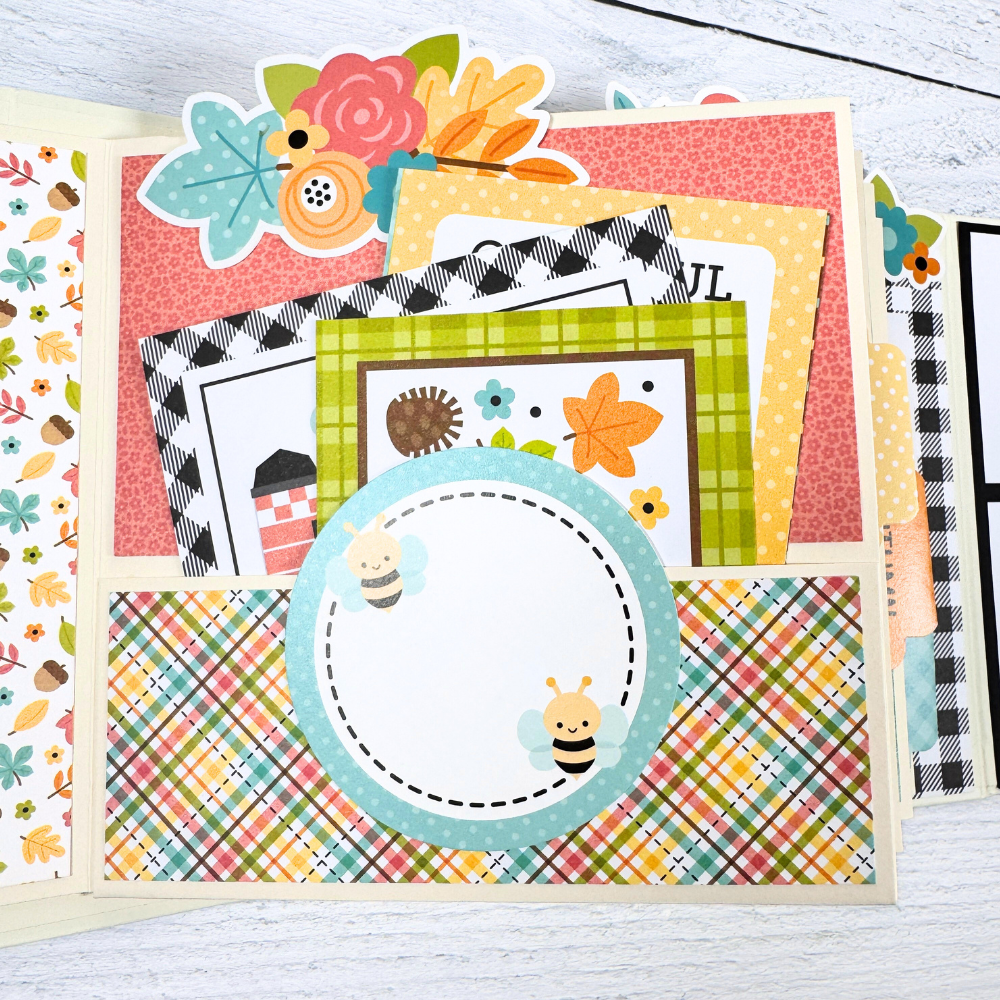 Thanksgiving fall Scrapbook Album Page with a pocket, journaling cards, colorful flowers, leaves, and bees