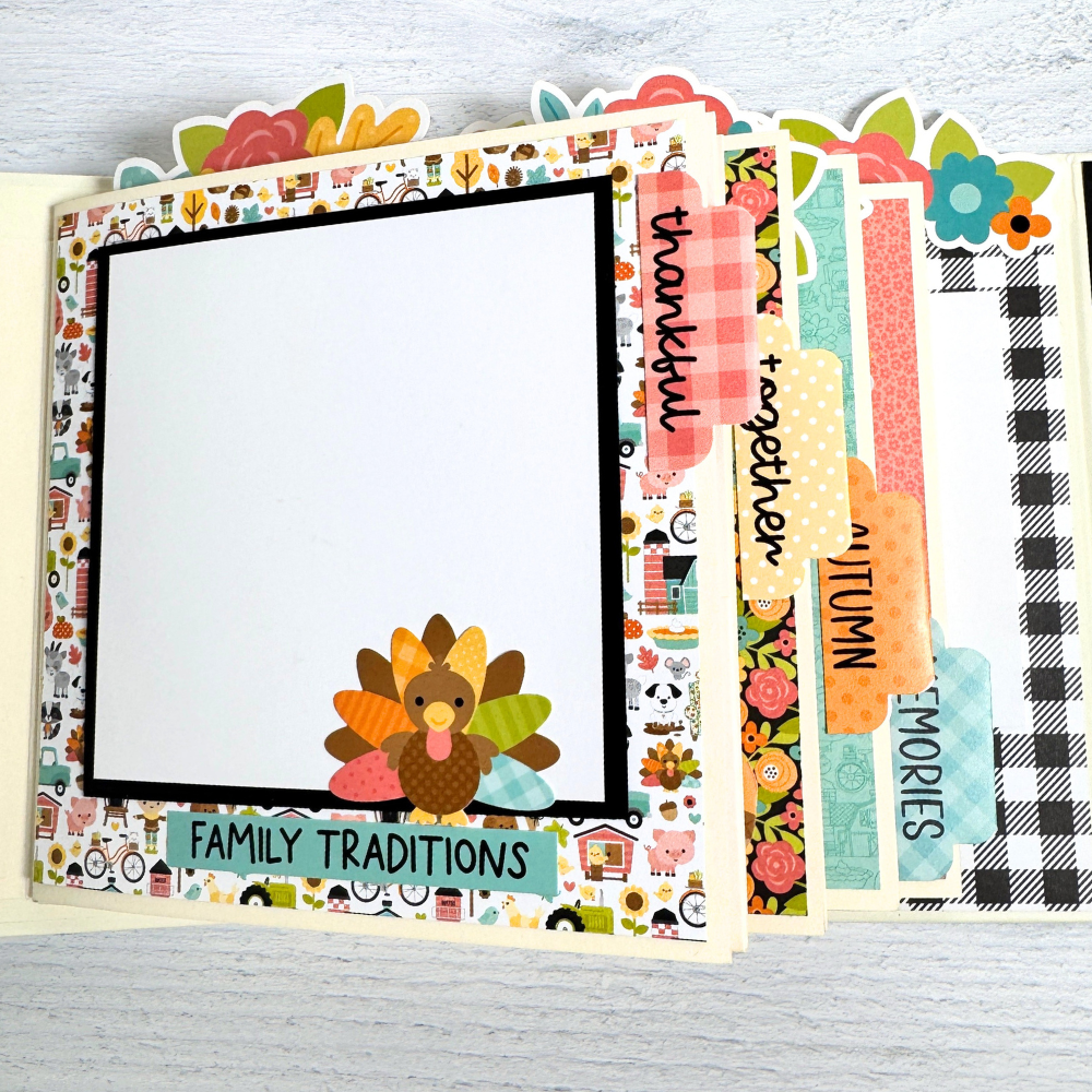 Thanksgiving Scrapbook Album Page with a turkey, a colorful fall paper, flowers, and page tabs