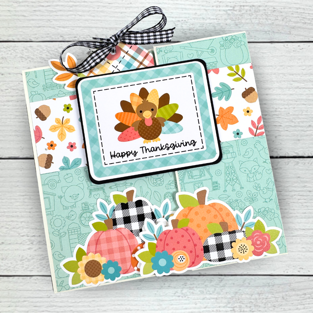 Happy Thanksgiving Scrapbook Mini Album with a turkey, fall leaves, pretty flowers, colorful pumpkins, and acorns