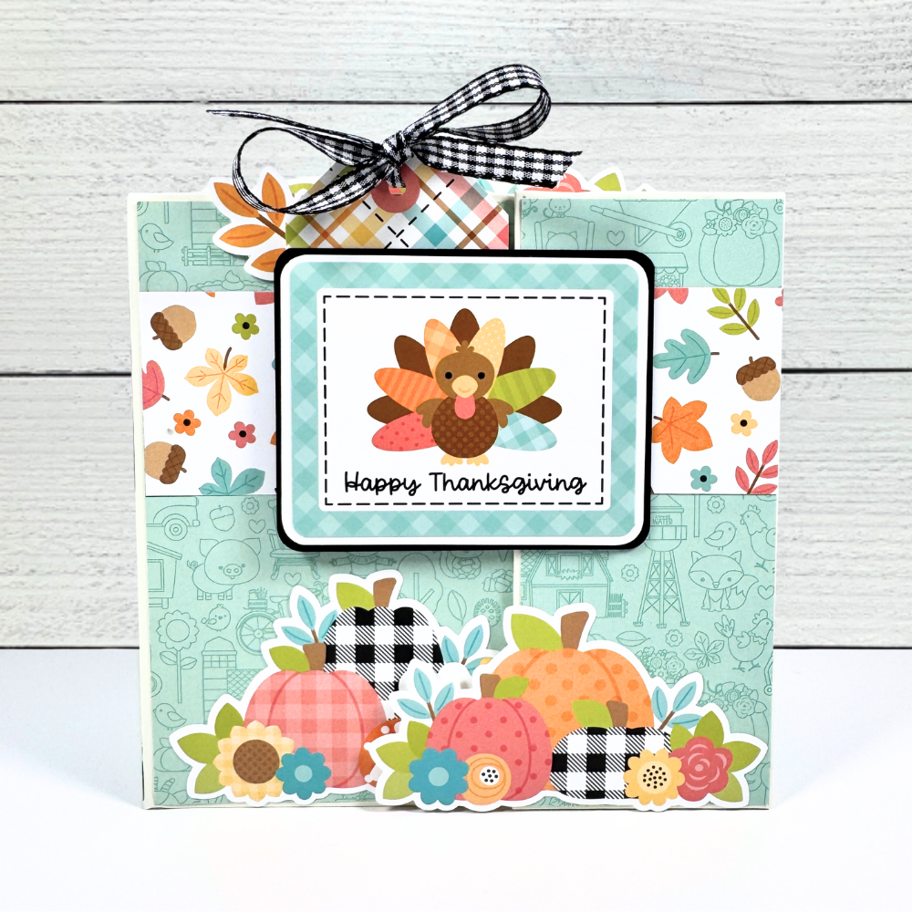 Happy Thanksgiving Scrapbook Mini Album with a turkey, fall leaves, pretty flowers, colorful pumpkins, and acorns