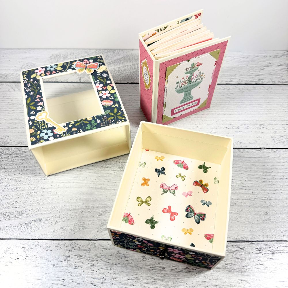Always Forever Scrapbook Mini Album with pretty flowers, butterflies, birds, and a chipboard storage box
