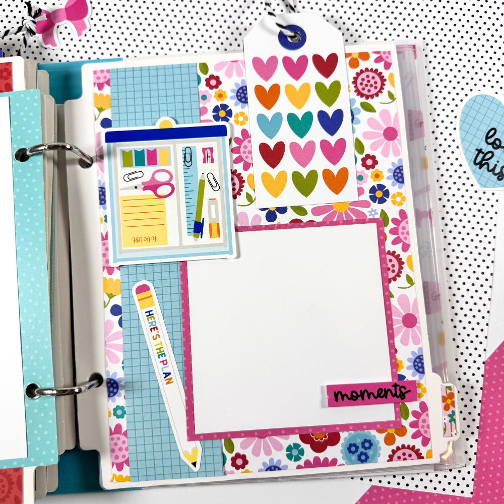 Documented Scrapbook Mini Album Page with bright colors, flowers, hearts, and cute little office supplies