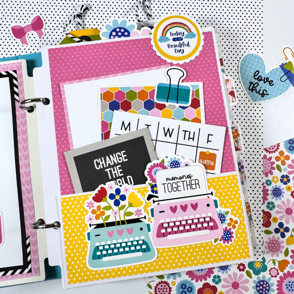 Documented Scrapbook Mini Album Page with a pocket, journaling cards, cute typewriters, and flowers