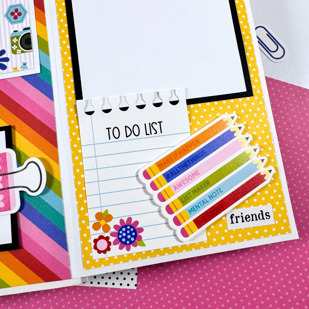 Documented Scrapbook Mini Album Page with a cute journaling card, flowers, colorful pencils, and yellow polka dots