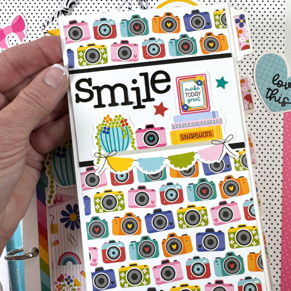 Documented Scrapbook Mini Album Page with a fold-out element and lots of colorful cameras