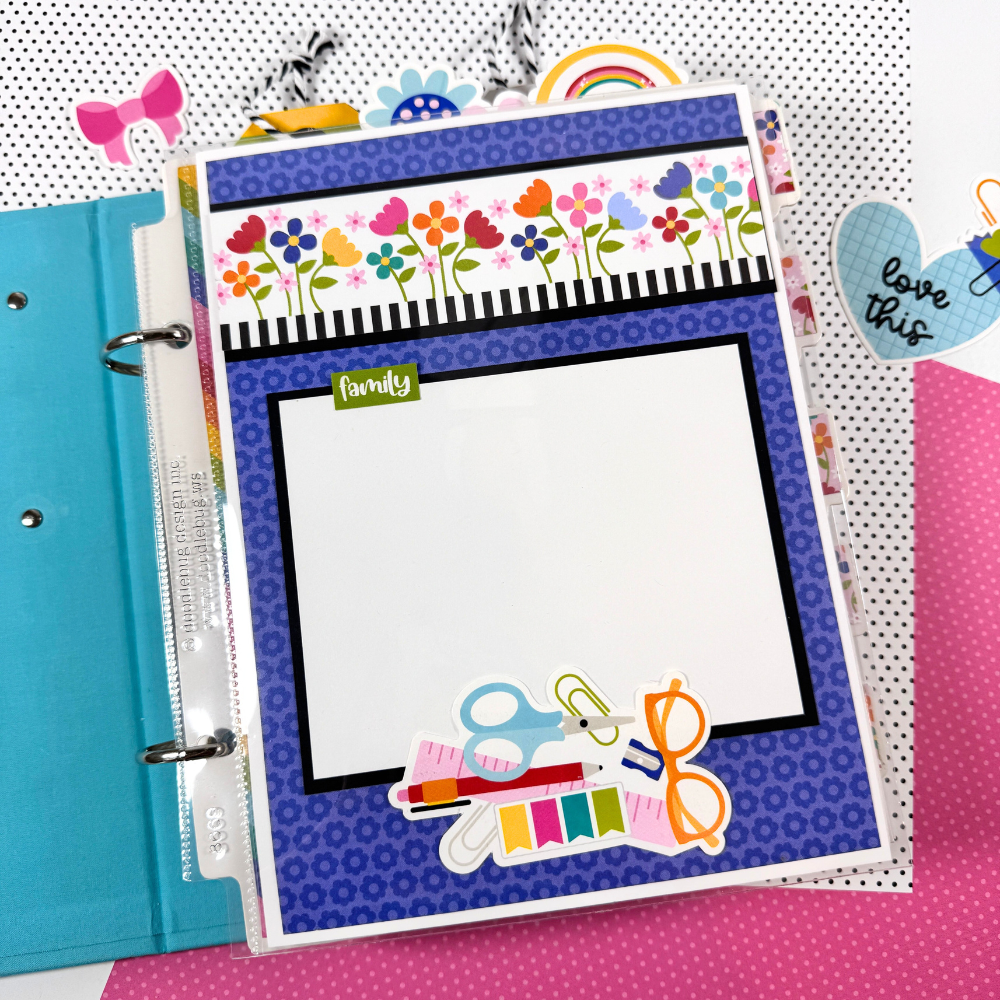 Documented Scrapbook Mini Album Page with pretty flowers, a large photo mat, and cute office supplies