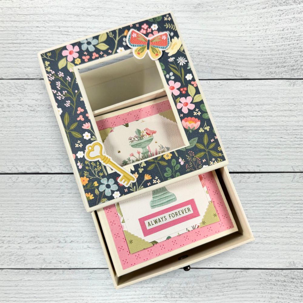 Always Forever Scrapbook Mini Album with pretty flowers, butterflies, birds, and a chipboard storage box