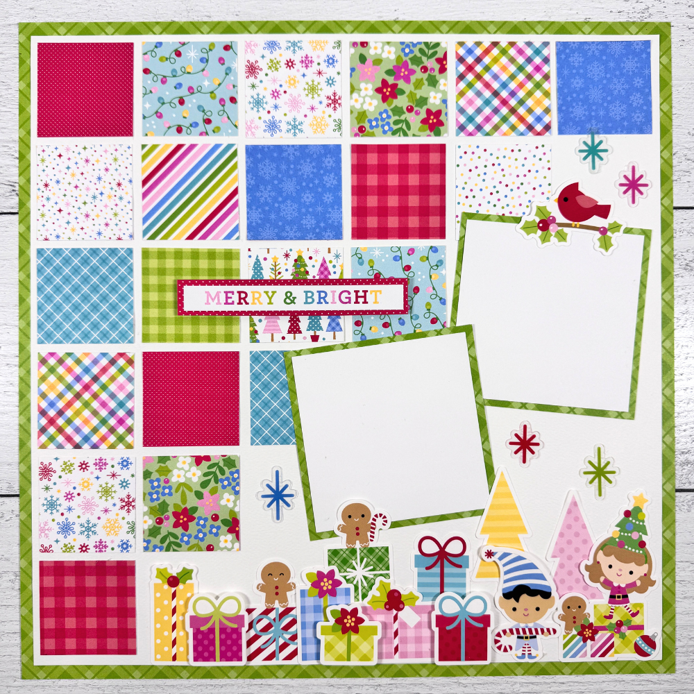 12x12 Oh What Fun Christmas Scrapbook Layout with colorful gifts, elves, gingerbread, and lots of pattern squares