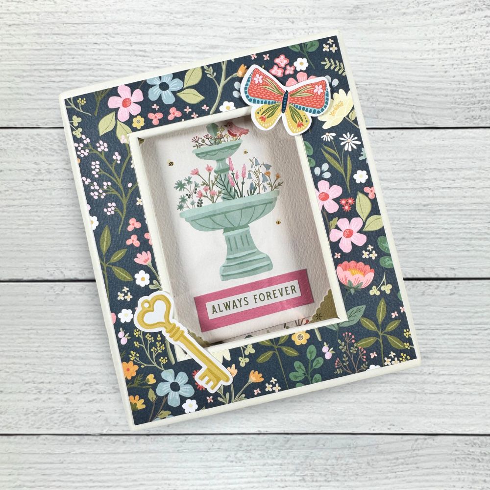 Always Forever Scrapbook Mini Album with pretty flowers, butterflies, birds, and a chipboard storage box