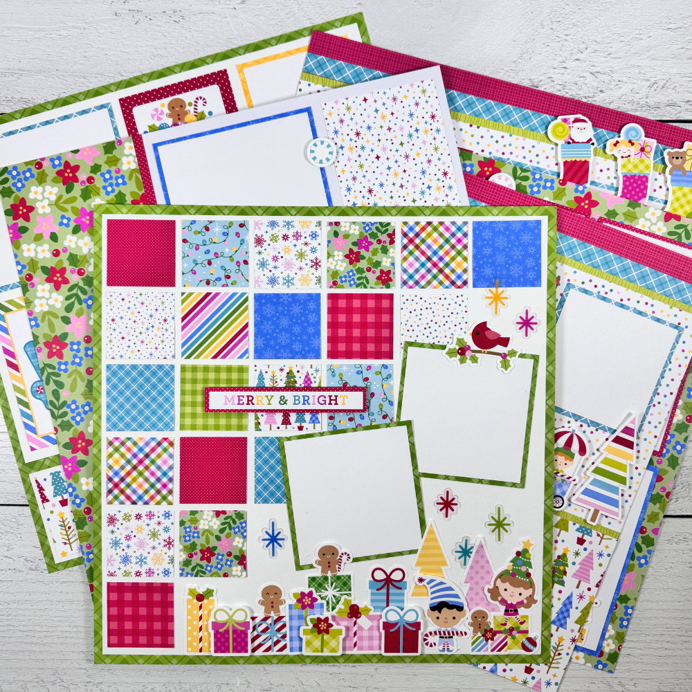 12x12 Oh What Fun Christmas Scrapbook Layouts with Santa, gifts, elves, reindeer, trees, and bright colors