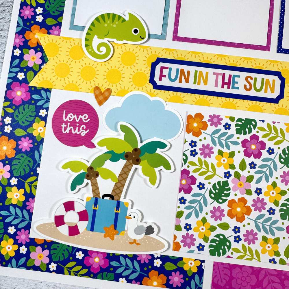 12x12 Living the Dream Summer Scrapbook Page Layout with a beach scene, flowers, and a cute chameleon