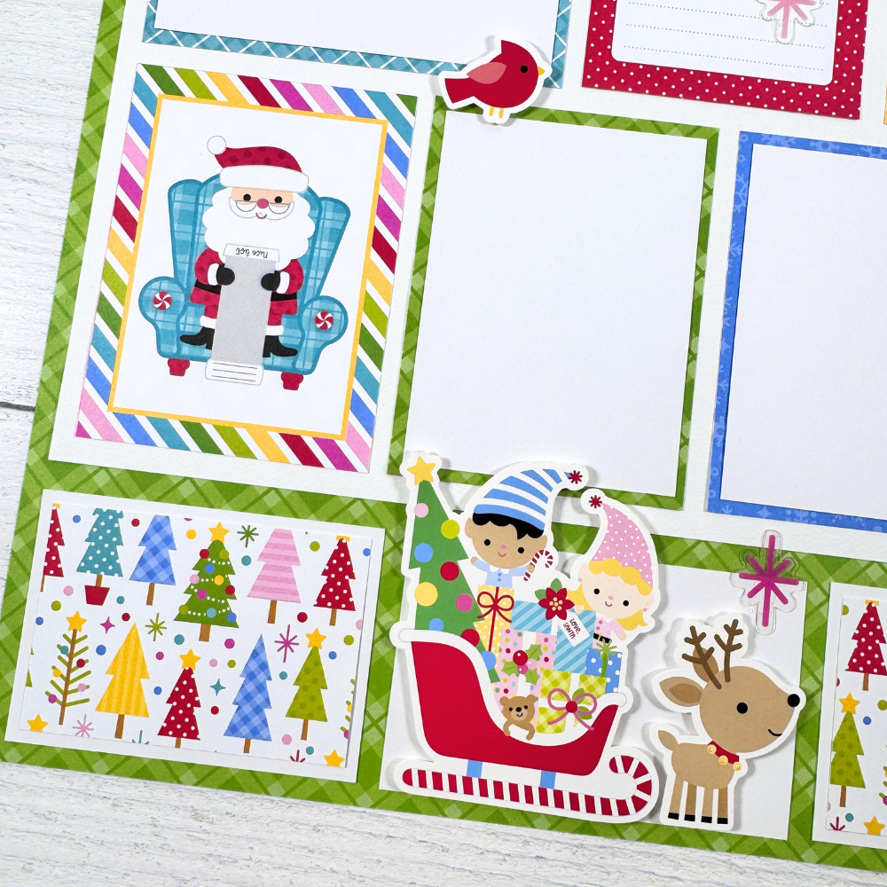 12x12 Oh What Fun Christmas Scrapbook Layout with Santa, his sleigh, elves, a reindeer, and colorful trees
