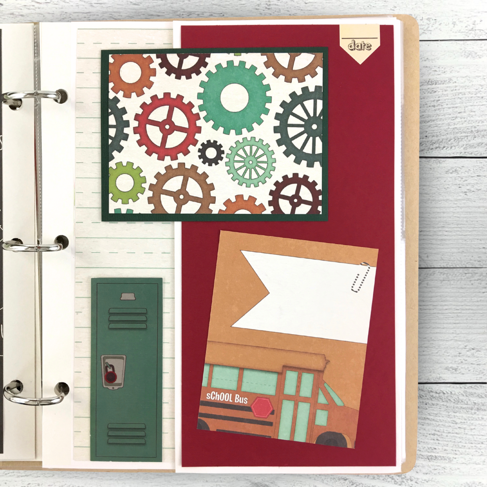 School Days Scrapbook Album Page with a folding element, gears, a locker, and a school bus