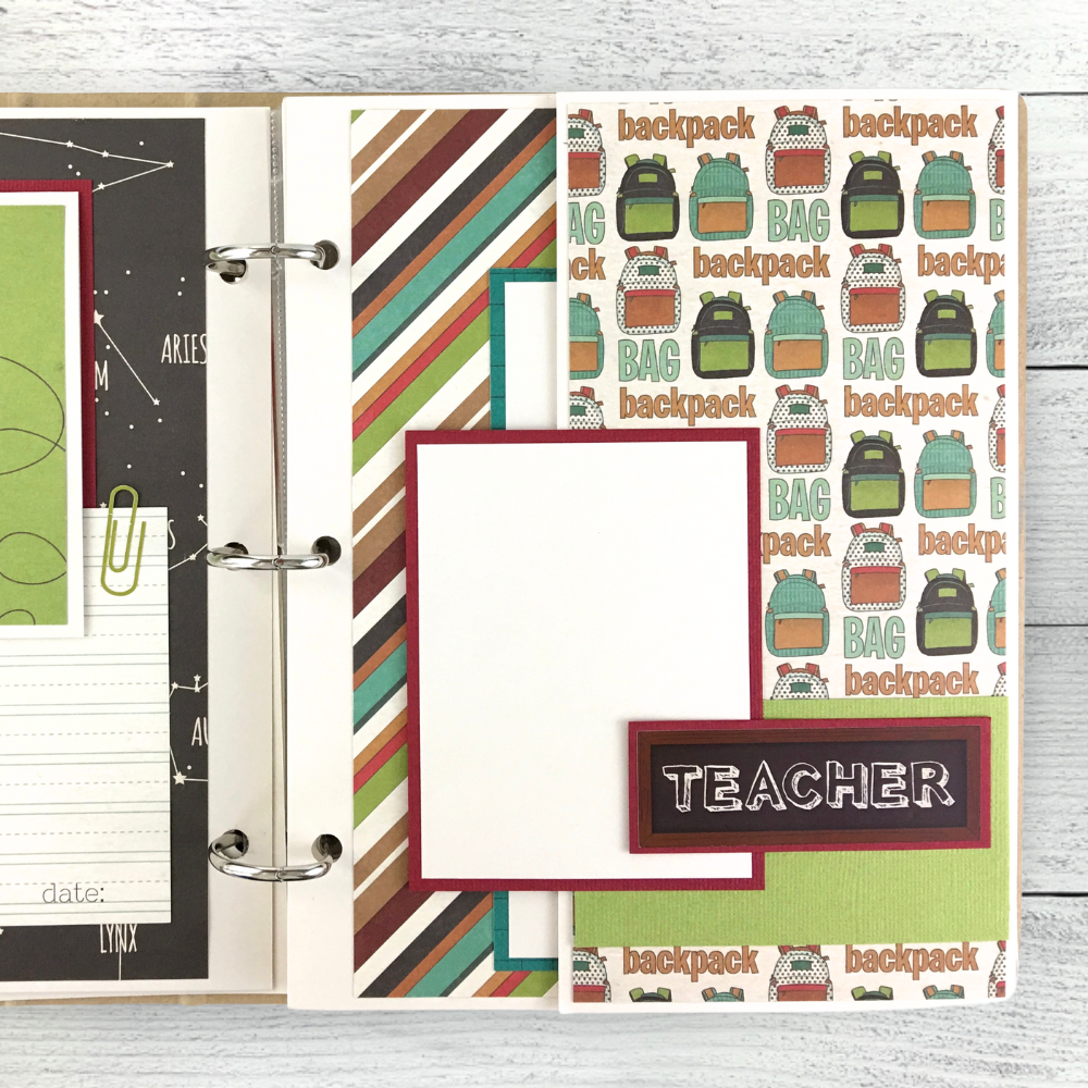 School Days Scrapbook Album Page with a folding element, stripes, and backpacks