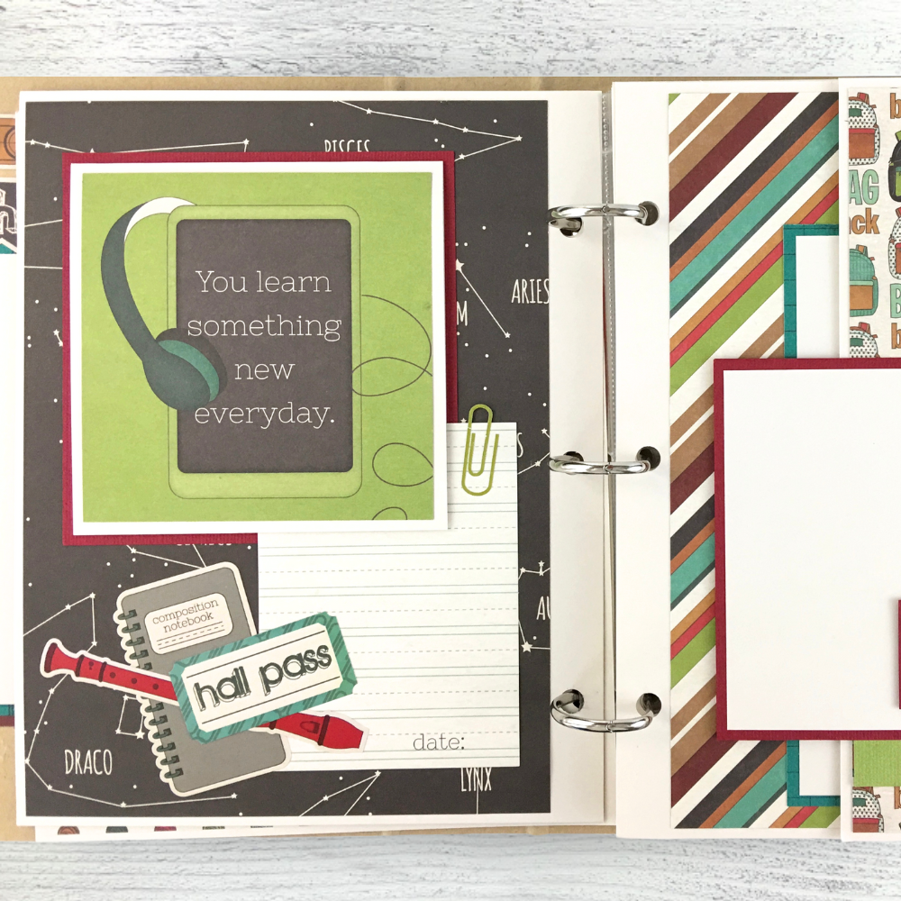 School Days Scrapbook Album Page with school supplies, headphones, notebook, musical instrument, and a paper clip