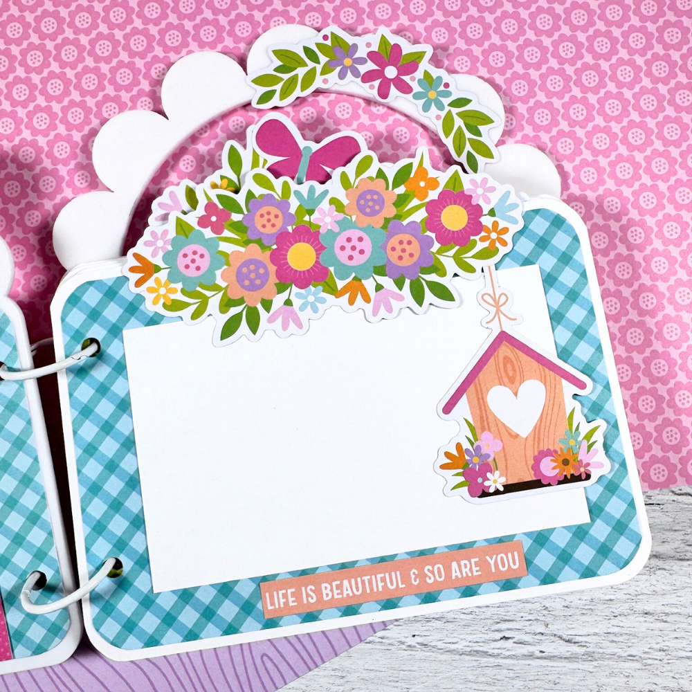 Spring Purse Shaped Acrylic Scrapbook Album Page with colorful flowers, a birdhouse, butterfly, and photo mat. 