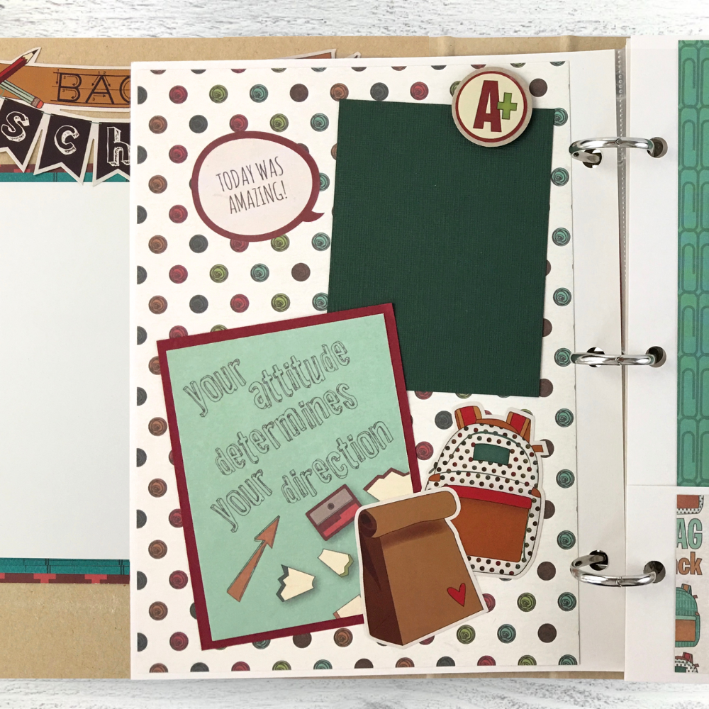 School Days Scrapbook Album Page with school supplies, lunch bag, marbles, and a backpack