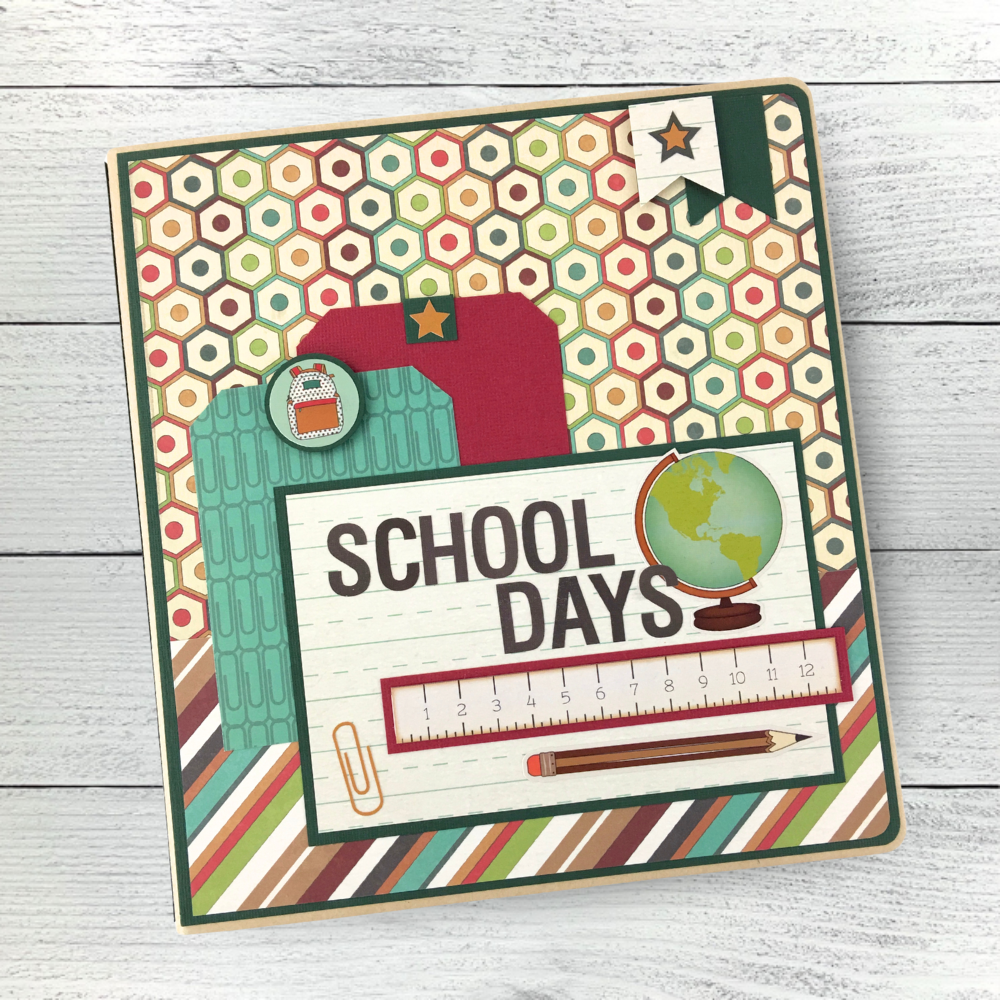 School Days Scrapbook Album with globe, school supplies, ruler, pencil, and a backpack