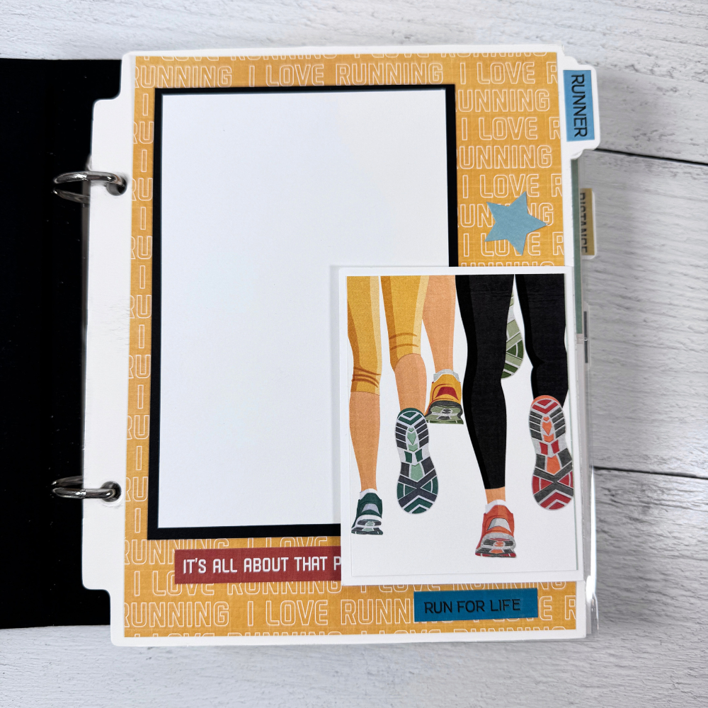 Running Scrapbook Album page with sneakers, people running, a star, and photo mats