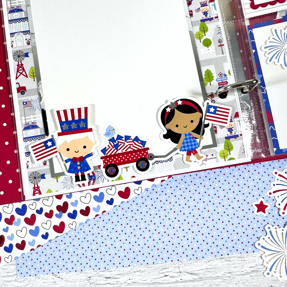 Happy July 4th Scrapbook Album page with flags and a red wagon