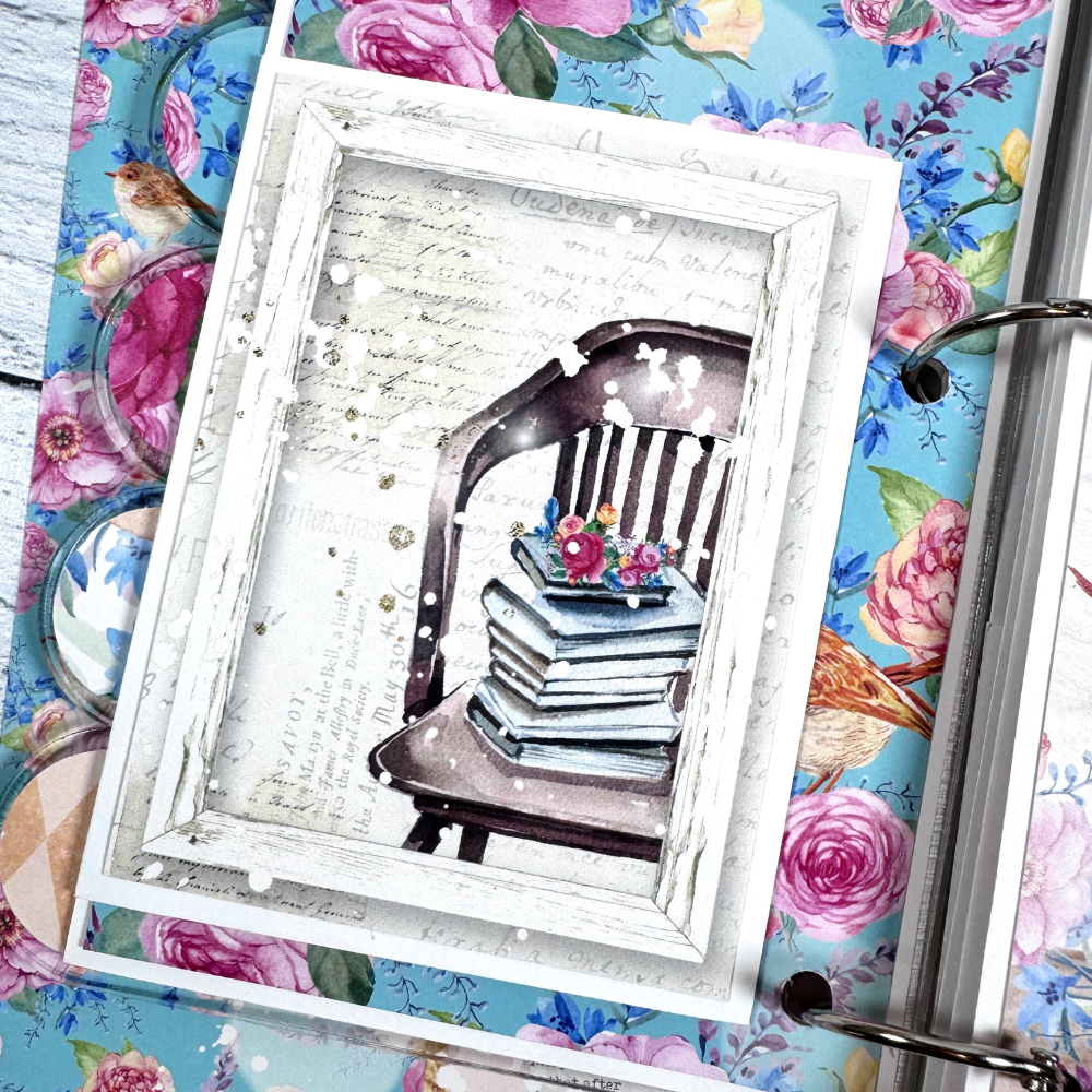 Forever Friends Scrapbook Mini Album page with flowers and books stacked on a chair