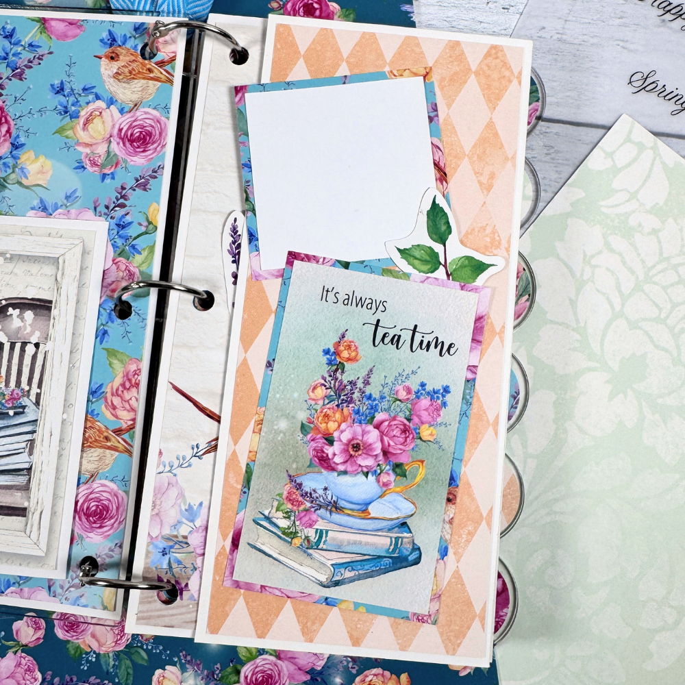 Forever Friends Scrapbook Mini Album page with a fold-out element, flowers, books, and a tea cup