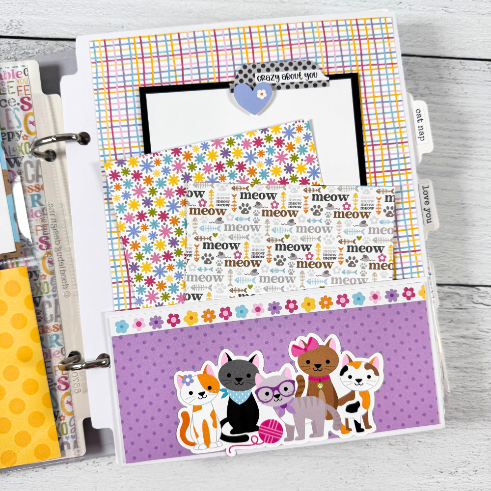 Cat Meow Scrapbook Mini Album Page with a pocket, journaling cards, cats, and flowers