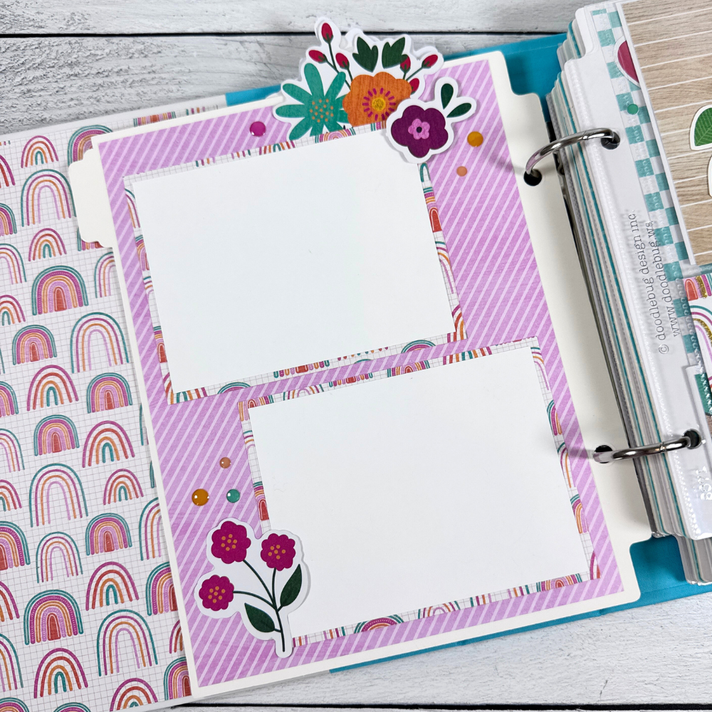 Reasons To Smile Scrapbook Album Page with flowers, enamel dots, rainbows, and pretty lavender stripes