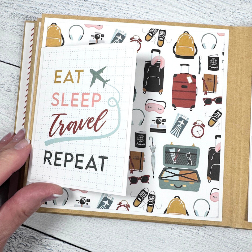 Travel The World With Me Scrapbook Album page with suitcases, sneakers, backpacks, headphones, cameras, and a folding card