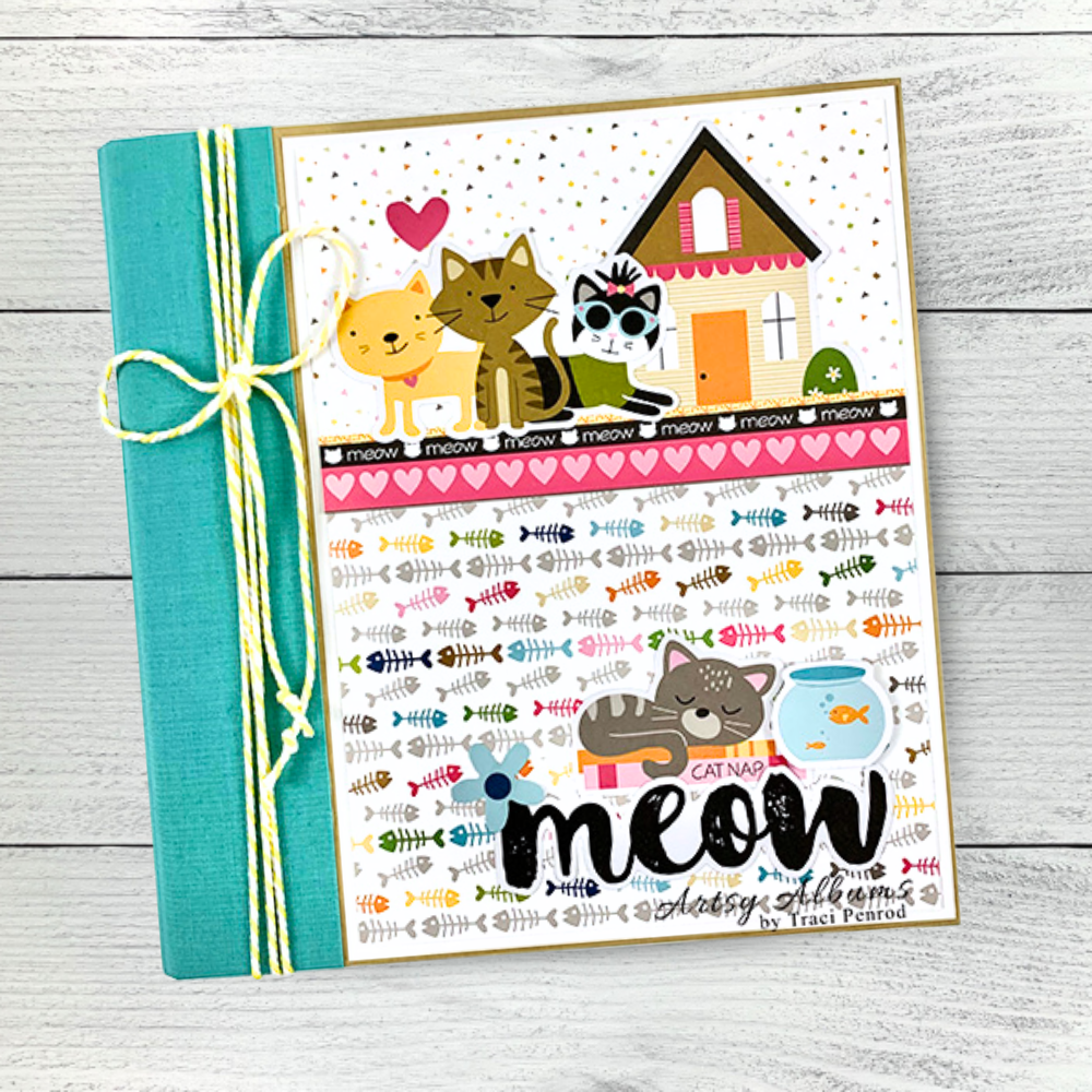 Cat Meow Scrapbook Mini Album with kitty cats, hearts, fish bones, paw prints, and toys