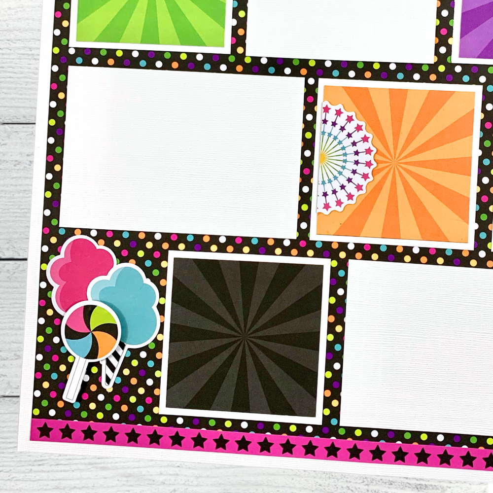 12x12 Halloween Memories Scrapbook Page Layout with a carnival theme, colorful polka dots, fireworks, and cotton candy