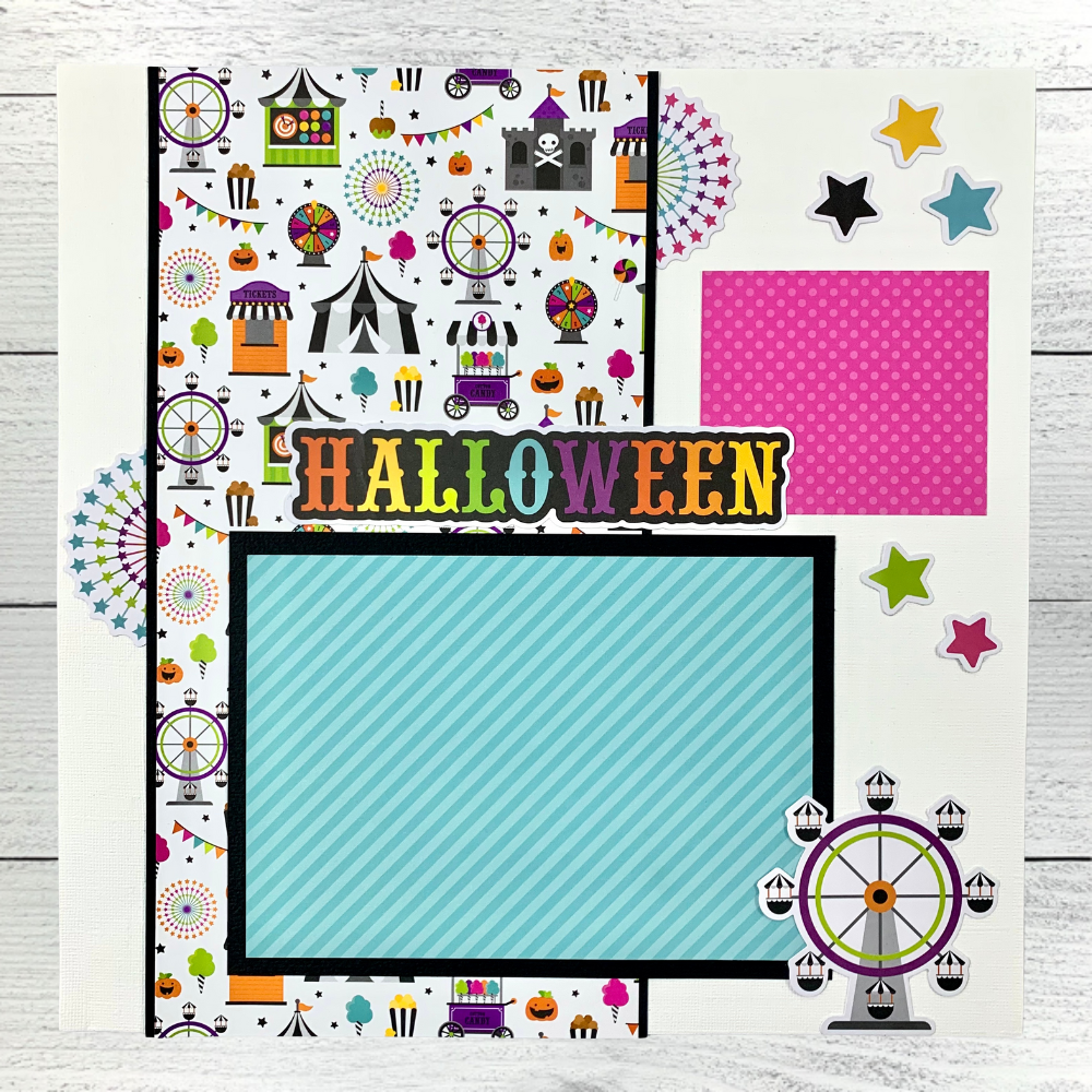 12x12 Halloween Memories Scrapbook Page Layouts with carnival rides, candy, fireworks, pumpkins, and stars