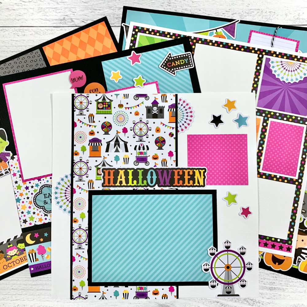 12x12 Halloween Memories Scrapbook Page Layouts with carnival rides, candy, fireworks, pumpkins, stars, and cute costumes
