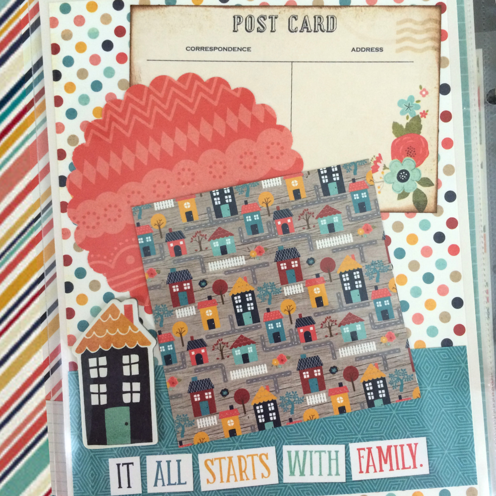 Family Good Times Scrapbook Album Page with lots of cute houses, a vintage postcard, colorful polka dots, and stripes