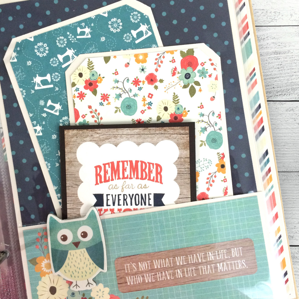 Family Good Times Scrapbook Album Page with a pocket, journaling cards, an owl, and flowers