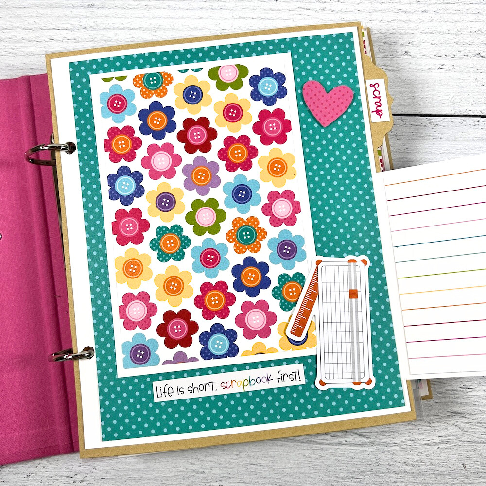 Crafty Friends scrapbook album page with crafting supplies, flowers, and polka dots